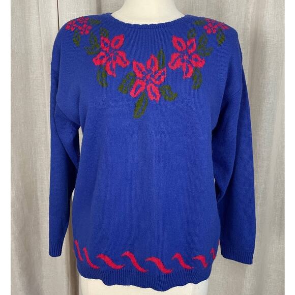 Vintage Sweater Womens Size Medium Blue Pink Floral Knit Crewneck Grandma 80s - Picture 10 of 10